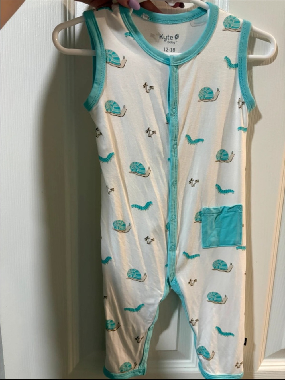 Kyte BABY White Sleeveless One-Piece with Turquoise Trim and Turtle Print